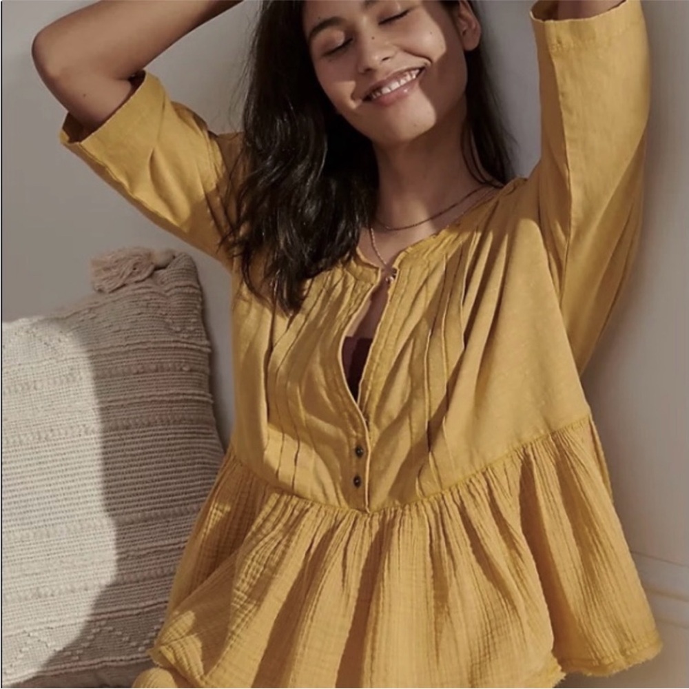 Anthropologie Beverly Mustard Yellow Cotton Gauze Pajama Swing Top New XS Lounge - Picture 3 of 10